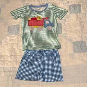 Kids Green Stripe & Blue Gingham Truck Shorts Set, Back to School